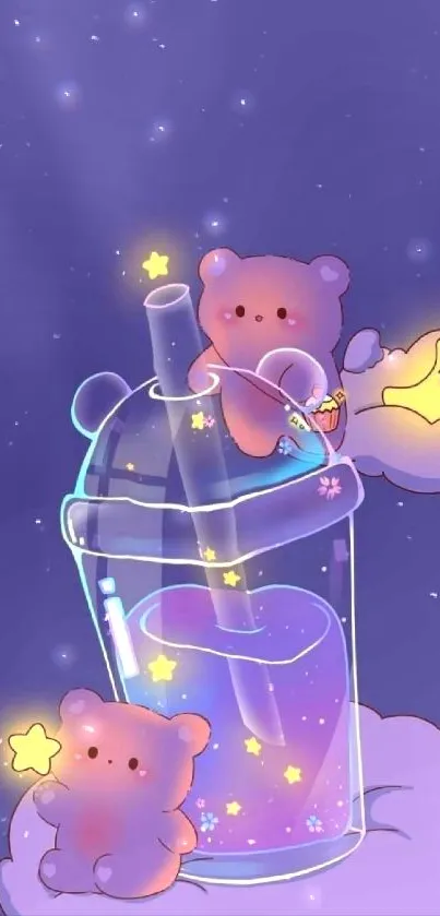 Cute bears and stars on a purple background mobile wallpaper.