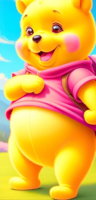 Cute animated bear in colorful landscape with vibrant yellow and pink hues.