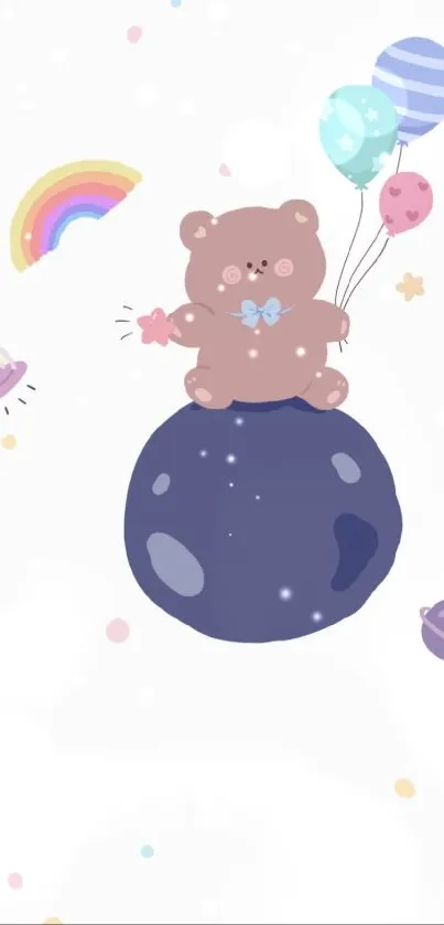 Cute bear with balloons on space theme white wallpaper.