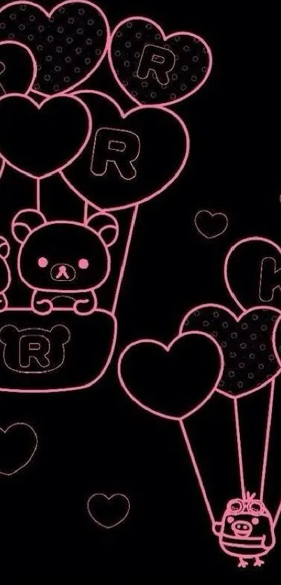 Cute bear and heart balloon wallpaper in neon pink on black background.