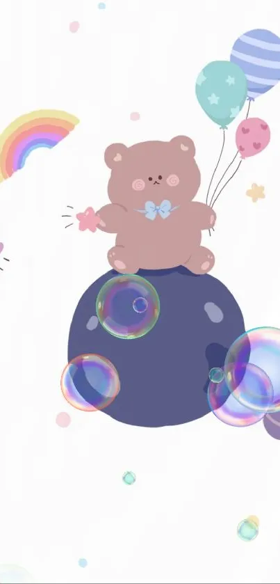 Cute bear holding balloons on a planet wallpaper.