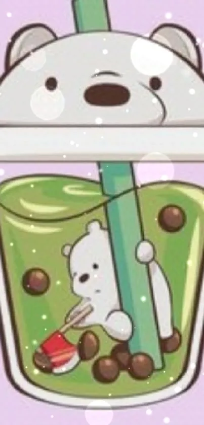 Cute bear inside bubble tea cup with pastel purple background.