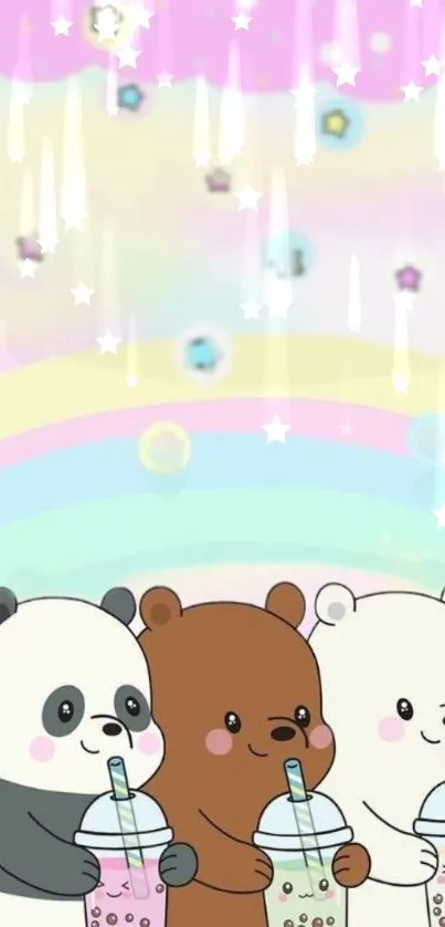 Charming cartoon bears sipping bubble tea with pastel rainbow and stars.