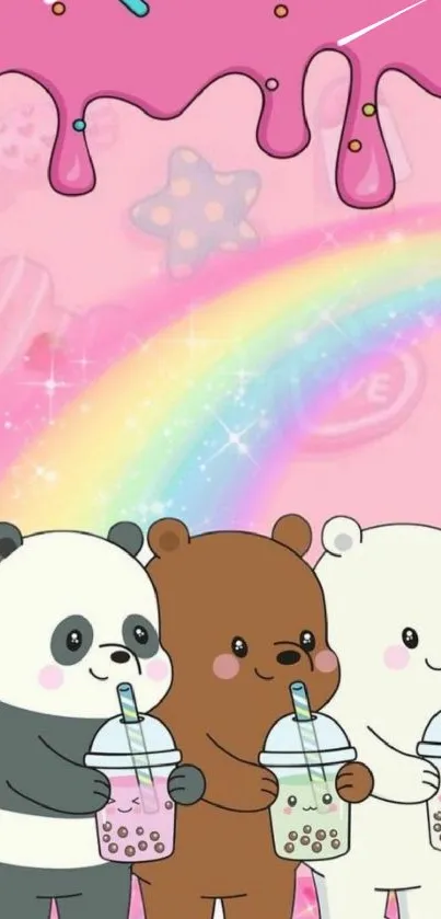 Cartoon bears with bubble tea and rainbow on a pink background.