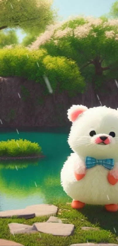 Cute plush bear by a turquoise lake with blooming trees in the background.