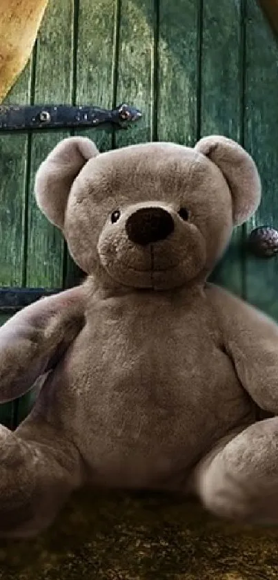 Plush teddy bear in front of a rustic green wooden door, creating a cozy atmosphere.