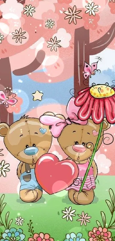 Cute cartoon bears with a pink floral background and hearts.