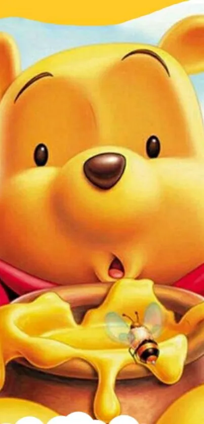 Cute yellow bear with honey cartoon wallpaper.