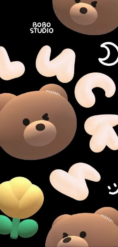 Cute cartoon bear with hearts and moon on black background.