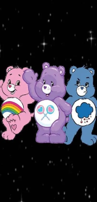 Three cute cartoon bears on a starry background.