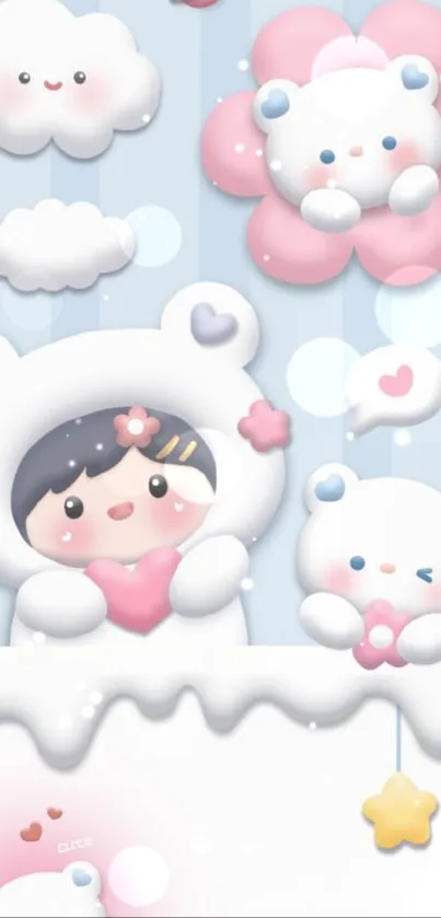 Cute bear character wallpaper with pastel colors and clouds.