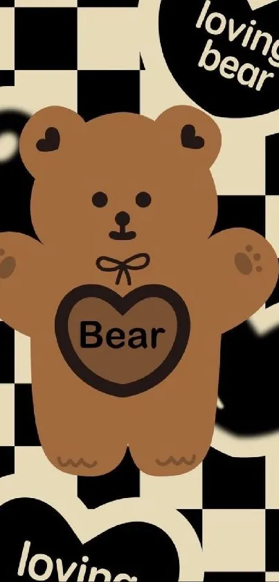 Cute brown bear on checkerboard background with hearts.