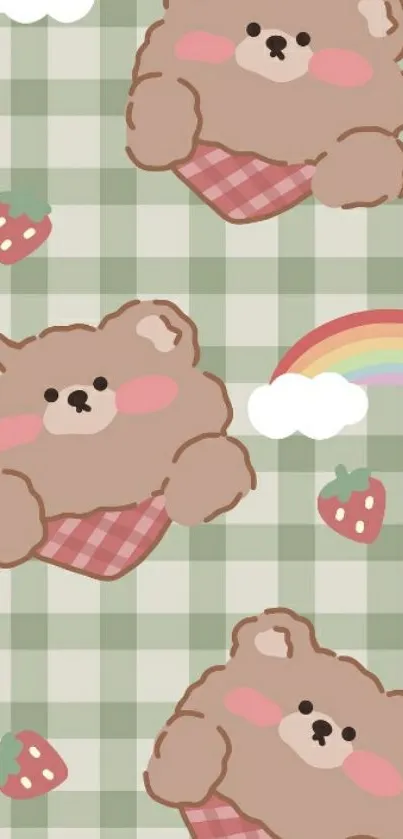 Cute bear wallpaper with checkered background and strawberries.