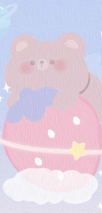 Cute teddy bear on pink planet with stars and pastel hues.