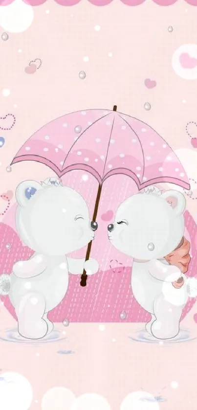 Adorable cartoon bear couple under a pink umbrella.