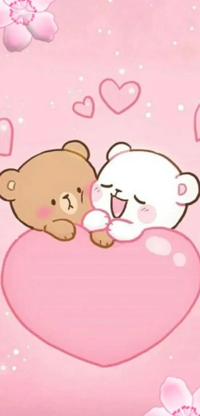 Cute bears on pink heart background with flowers.