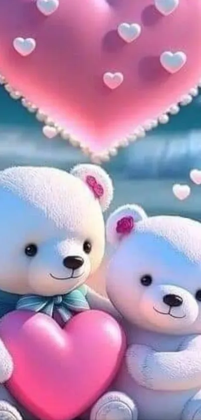 Two adorable teddy bears hold pink hearts in a charming, romantic setting.