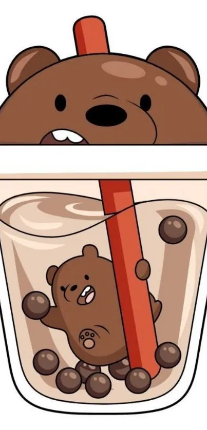 Cartoon bear popping out of a bubble tea cup with mochi bubbles.