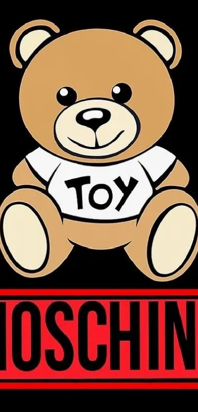 Cute teddy bear on black background with red Moschino text.