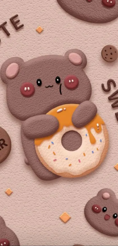 Cute cartoon bear hugging a donut on a beige background.