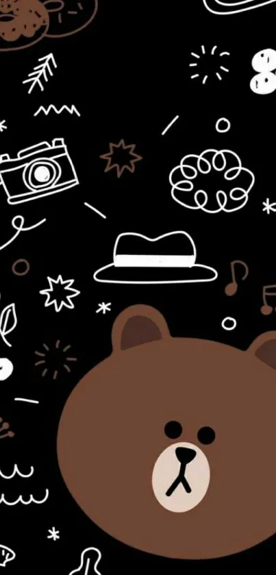 Adorable bear with doodles on black background.