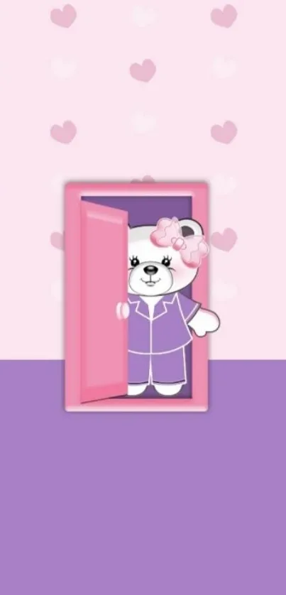 Adorable bear in pink door on heart-patterned wallpaper.