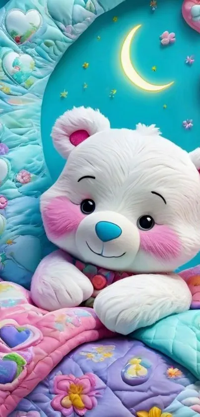 Cute bear with stars and moon in dreamy wallpaper.