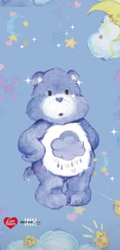 Cute bear on blue sky with colorful stars and clouds.