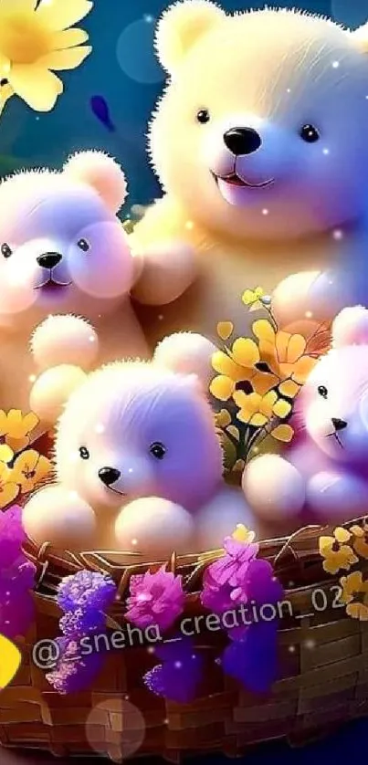 Cute teddy bears surrounded by flowers in a basket.