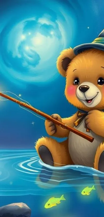 Cute bear fishing under a magical moonlit sky.