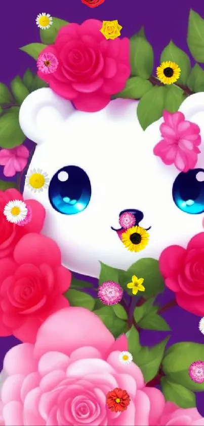 Adorable white bear with floral background wallpaper.