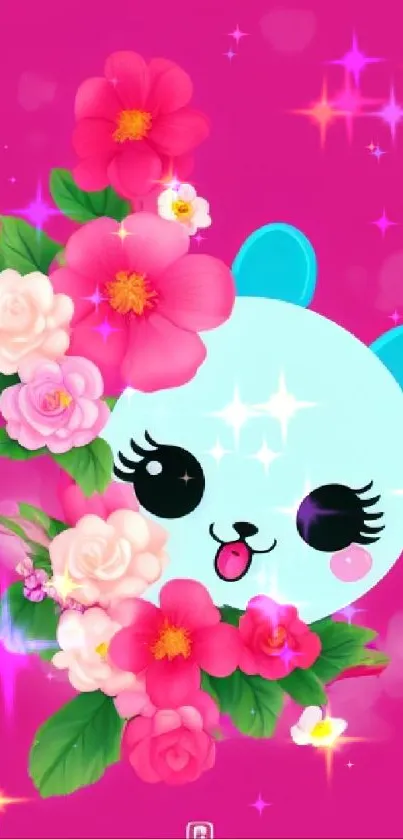 Adorable blue bear with pink flowers on a vibrant magenta background.