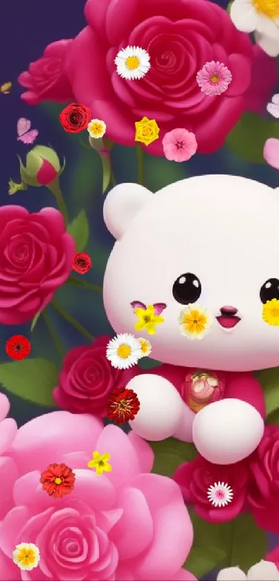 Cute white bear surrounded by pink roses and colorful flowers on wallpaper.