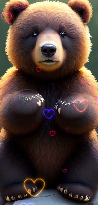 Adorable bear sitting in a forest setting, perfect for a mobile wallpaper.