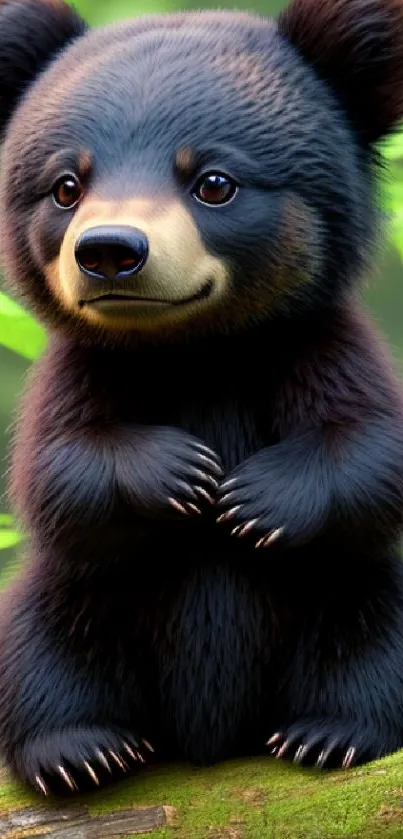 Adorable bear sitting on a log in a forest with lush green leaves.
