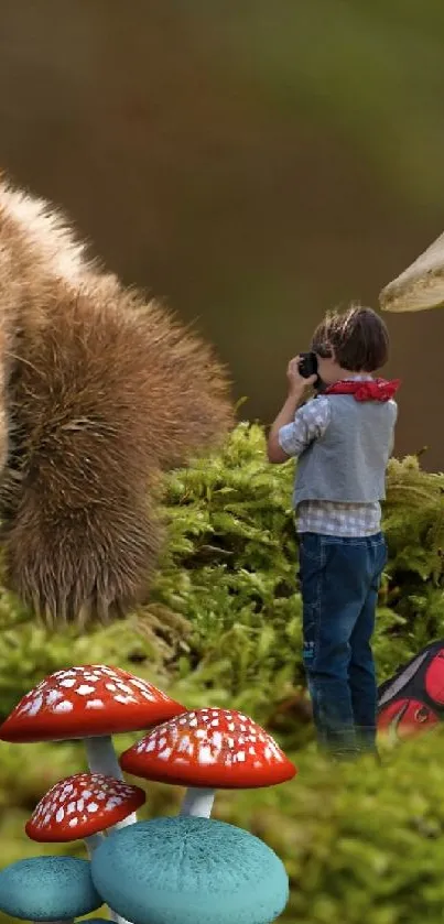 Bear cub in lush forest with mushrooms and explorer toy.