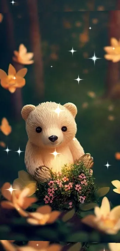 Cute bear in forest with sparkling flowers, ideal mobile wallpaper.