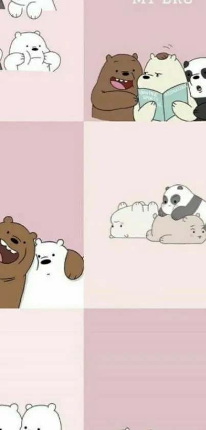 Cute cartoon bear friends with pastel backgrounds in a mobile wallpaper.