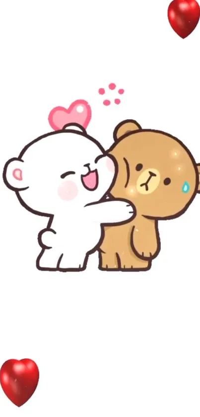 Cartoon bears hugging with love hearts on white background.