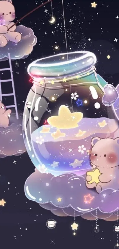 Cute bear in galaxy with clouds and stars mobile wallpaper.