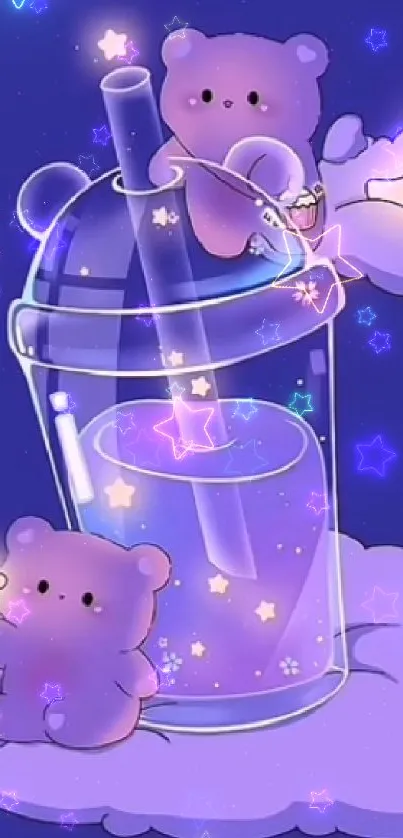 Cute teddy bears in a dreamy galaxy with stars and purple clouds.