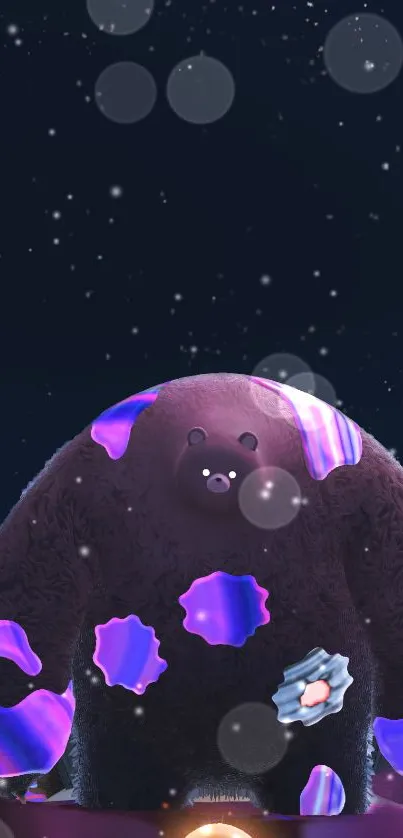 Cute bear in galaxy with starry night and purple hues.