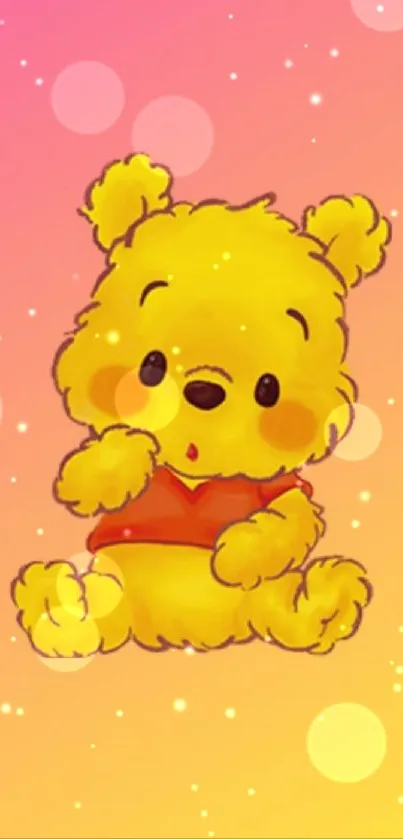 Cute yellow bear on pink and yellow gradient background.