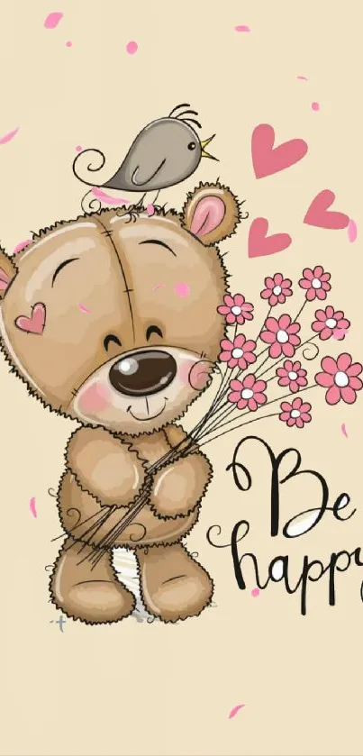 Cute bear mobile wallpaper with 'Be Happy' message and flowers.