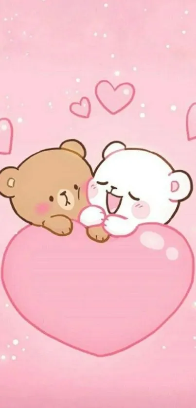 Two cute bears with pink hearts on a light pink background.