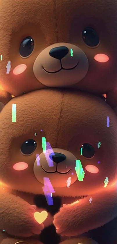 Two cute teddy bears with a glowing heart.