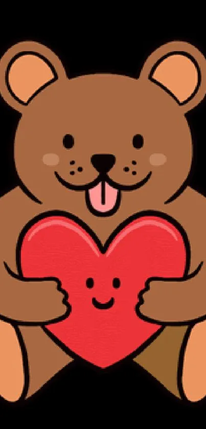 Brown bear holding red heart on black background wallpaper.