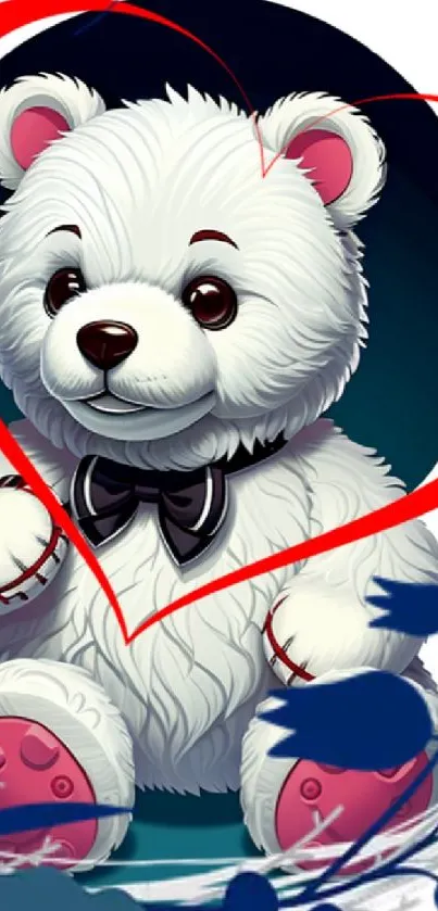 Cute white teddy bear with red heart design on a stylish phone wallpaper.