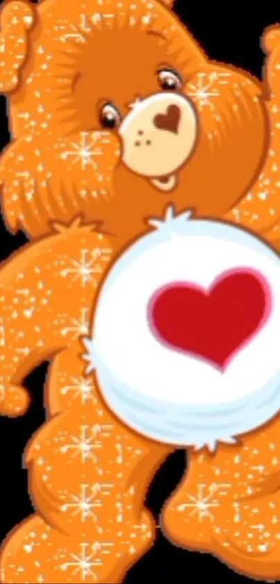 Orange furry bear with sparkling heart design.