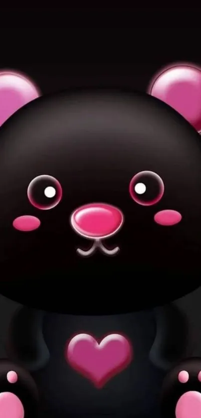 Black cartoon bear with pink heart and accents on dark background.